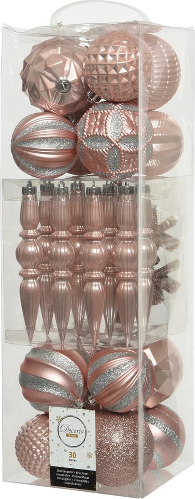 Decoris Kerstboomversiering set - kerstballen en kersthangers - 30x st - lichtroze - kunststof