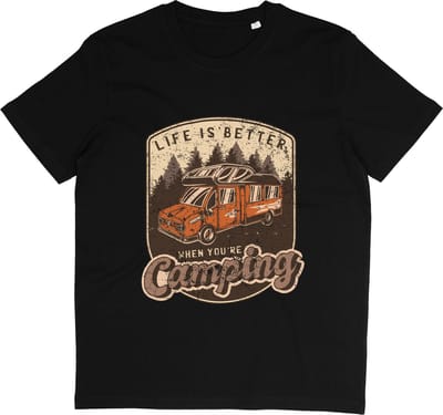 Dames Heren T Shirt - Kamperen Camper Vintage Print - Zwart - Maat S