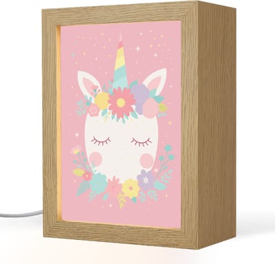 Nachtlampje 15x20 cm - Kinder lampje - Eenhoorn - Bloemen - Roze - Tafellamp kinderkamer - Slaapkamer lamp - Bedlamp kinderen - Kinderlampje stopcontact - Wandlamp babykamer - Nachtlampjes
