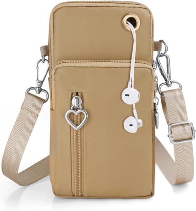 Kleine Schoudertas voor Mobiele Telefoon met Hoofdtelefoonaansluiting - Mini Crossbody Tas voor Onder 7" Smartphones, Ideaal voor Dagelijks Gebruik en Reizen - Khaki