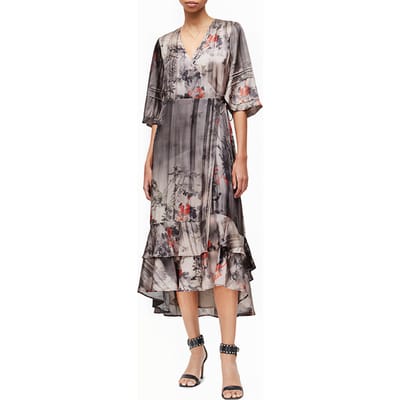 AllSaints Delana Koura Dress Shadow Grey Maat: 34 | Midi Jurken Outlet | Dames | Grijs