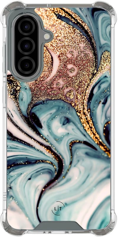 Shockproof hoesje - Geschikt voor Samsung Galaxy A56 - Marmer blauw goud - Extra sterke case - TPU/polycarbonaat - Marmer - Blauw, Goud, Transparant