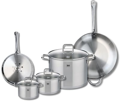Set van 2 Koekenpannen 24 en 32 cm en 3 Kookpotten 14, 16 en 26 cm Elo Profi Citrin