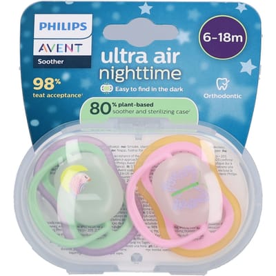 Philips Avent Ultra Air Night – Glow-in-the-dark fopspeen –(6-18 mnd) Extra luchtopeningen – 2 stuks - SCF376/29