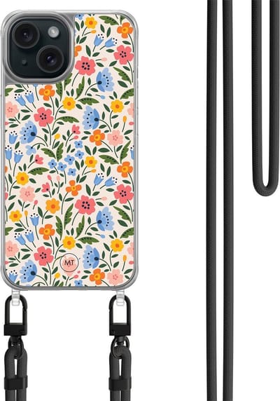 Hoesje met koord geschikt voor iPhone 13 - Romantische bloemen - Inclusief zwart koord - Crossbody beschermhoes - Transparant, Multi - Mooie Telefoonhoesjes