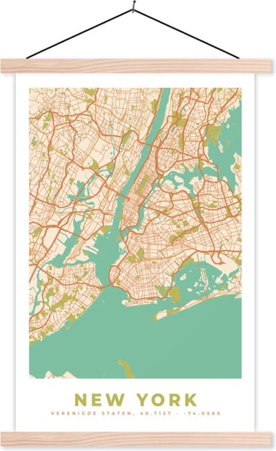 Posterhanger incl. Poster 40x60 cm - Schoolplaat - New York - Stadskaart - Vintage - Plattegrond - Kaart - Textielposter - Blanke latten - Stadskaart
