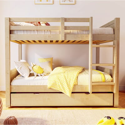 90x200 cm houten stapelbed met uittrekbaar frame, om te bouwen tot eenpersoonsbedden, veiligheidsrail, ladder en lattenbodem