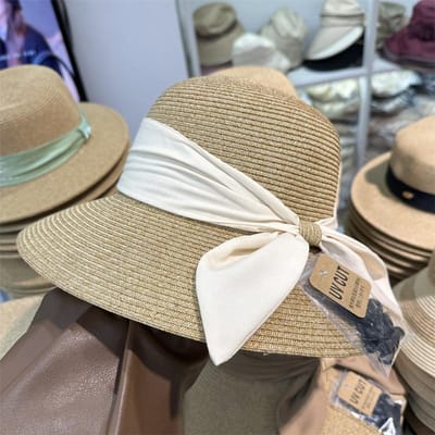 Stro Hoed Dames Frans Elegant Brede Rand Zonnehoed Opvouwbaar Strand Emmer Hoed Zomer Vakantie Uv Bescherming Zonnehoeden Voor Dames M(56-58 cm) white