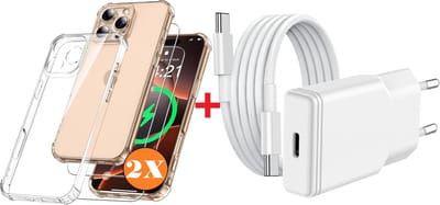 USB C Adapter - oplader - USB C Snellader 20W Met 1m Kabel - Hoesje Geschikt voor iPhone 16 Pro hoesje transparant Anti Shock silicone met 2x screenprotector- Ntech COMBI-SET