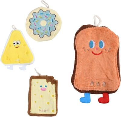 Set van 4 absorberende microvezel kinderhanddoeken met ophanglussen, sneldrogend en schattig voor keuken en badkamer