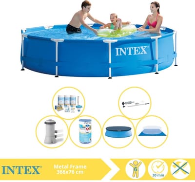 Intex Rond Frame Zwembad - 366 x 76 cm - Blauw - Inclusief Pomp - Afdekzeil - Onderhoudspakket - Filter - Grondzeil - Stofzuiger - 7-delig