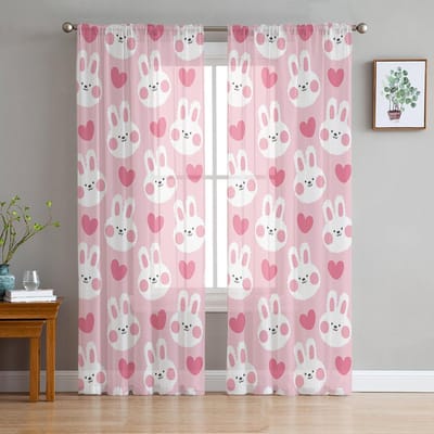 Paasroze Konijn Tule Gordijnen Voor Woonkamer Huisdecoratie Raambekleding Keuken Doorzichtig Voile Gordijn 135W x 114H(cm) white