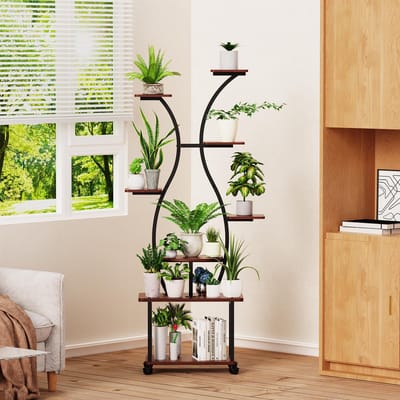 loyal plantenstandaard met kweeklampen - 8-laags plantenrek voor binnen, 155 cm metalen houten plantenrek - Decoratief zwart bloemenrek voor binnen balkon