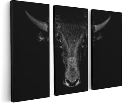 Artaza Canvas Schilderij Drieluik Stierenkop - Stier - Zwart Wit - 120x80 - Foto Op Canvas - Canvas Print