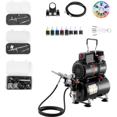 VEVOR Airbrush Set 1/6 HP met compressor en tank, Dual-Action 3 Airbrush pistolen met 3 nozzles (0,3/0,3/0,5 mm) & slang & acrylverf & 2 ventilatoren, voor taartdecoratie, modelschilderen en nail art