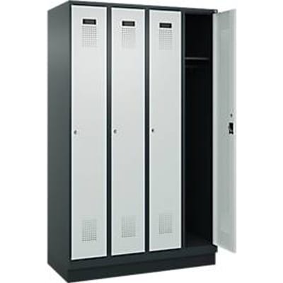 C+P Evolo Plus garderobekast, 4 vakken, 300 mm vakbreedte, met plint, rechts scharnierend, B 1200 x D 500 x H 1950 mm, cilinder, antracietgrijs/lichtgrijs