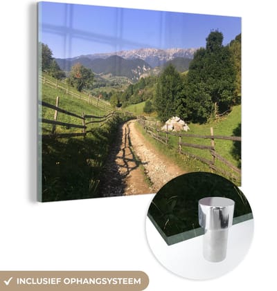 ® Glasschilderij 160x120 cm - Schilderij acrylglas - Grintweg in het Roemeense Nationaal park Piatra Craiului - Foto op glas - Muurdecoratie woonkamer - Wanddecoratie slaapkamer - Schilderijen