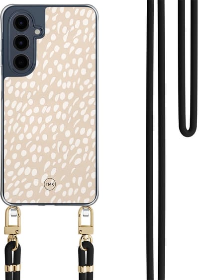 Telefoonhoesje met koord geschikt voor Samsung A16 - Sand dots - Inclusief Zwart koord - Transparant, Beige - Gestipt - Crossbody beschermhoes - Met Telefoonketting