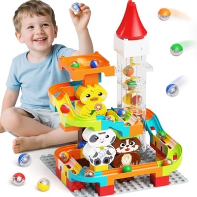 Educatieve Kogelbaan met Gemotoriseerde Lift voor Kinderen - 4-in-1 Dierenkogellabyrint Bouwspeelgoed