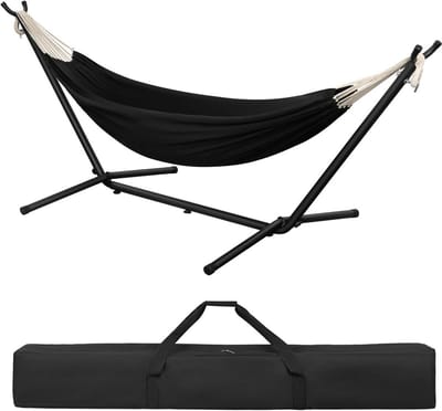 Hangmat met standaard - Buitenligstoel - Ontspannen in de tuin - Draagbaar met tas - 250 kg draagkracht - Zwart