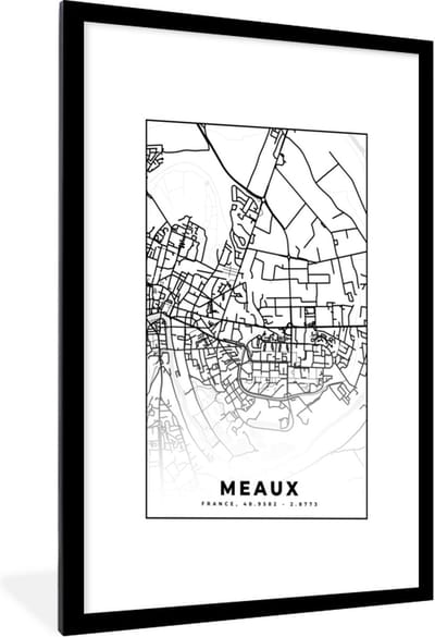 Fotolijst incl. Poster Zwart Wit- Stadskaart - Meaux - Plattegrond - Kaart - Frankrijk - Zwart wit - 60x90 cm - Posterlijst