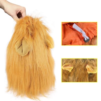Costume Crinière de Chien Crinière Perruque Réaliste Drôle Animal de Compagnie Halloween Crinière avec Oreilles Queue pour Chiens Grands Moyens beige