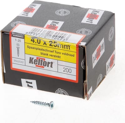 Kelfort Spaanplaatschroef platverzonken kop verzinkt T20 voldraad 4.0 x 25mm (Prijs per 200 stuks)