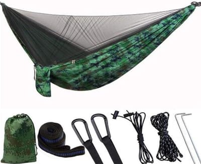 Hangmat met net - Kampeerbed - Outdoor ontspanning - Dubbel nylon parachute doek - 290 x 140 cm - Donkergroen