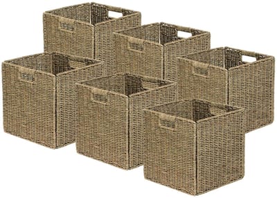 and beyond - Set van 6 opbergmanden - 31 x 31 x 31 cm - Natuurlijk zeegras - Opvouwbaar - Met handgrepen - Opslag, Deco - Slaapkamer, Woonkamer, Kantoor - Bohemian en Chic stijl