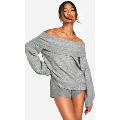 boohoo Dames Zachte Gebreide Bardot Slouchy Trui | Grijze Mergel | Maat: Small