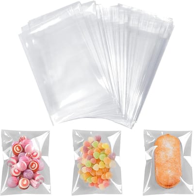Duidelijke cellofaan zakken voor koekjes en gebak, 100 stuks zelfklevende transparante zakjes (7 x 10 cm) voor snacks en traktaties