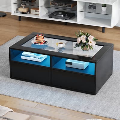 Wishdor - Salontafel - Ledverlichting En 2 Laden - Modern - Voor Woonkamer - Glas En Spaanplaat - Zwart - 100 X 50 X 35 Cm