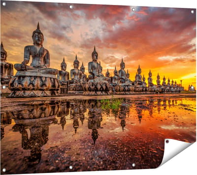 Gards Tuinposter Boeddha Beelden tijdens Zonsondergang - 120x90 cm - Tuindoek - Tuindecoratie - Wanddecoratie buiten - Tuinschilderij