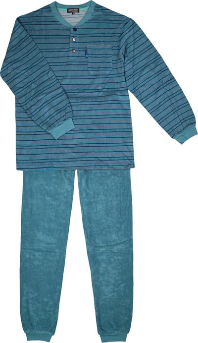Gentlemen Heren badstof pyjama met knoopsluiting gestreept Marine-Groen- maat S