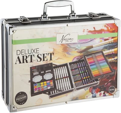 Nassau Fine Art Luxe Kunst Schilderskoffer – 132pcs Tekenset – Acrylverf, Kleurpotloden, Markers, Oliepastel – Voor Volwassenen en Kinderen – In Metalen Opbergkoffer