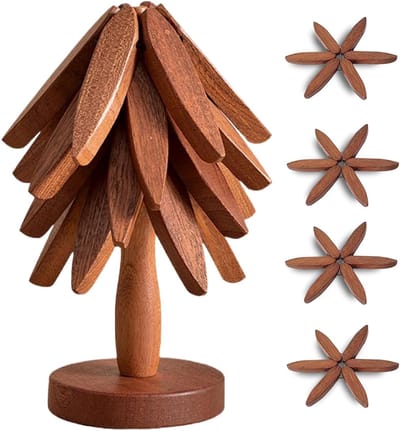 longziming -4-delige Set Houten Onderzetters Ø20x1,3 cm in Walnootkleur met Standaard 10x23 cm – Beukenhout, Hittebestendig en Stijlvol