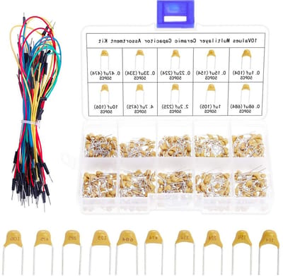 Multilayer keramische condensatoren assortiment van 500 stuks, 10 waarden van 0.1uF tot 10uF voor elektronica DIY projecten met jumperdraden