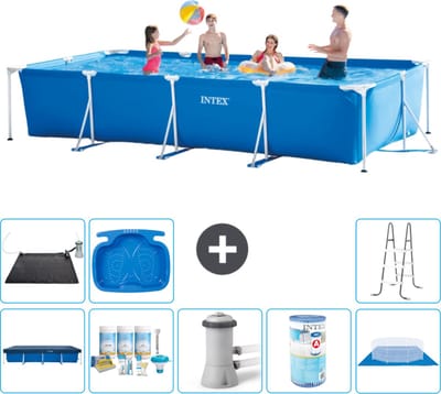 Intex Rechthoekig Frame Zwembad - 450 x 220 x 84 cm - Blauw - Inclusief Afdekzeil - Onderhoudspakket - Zwembadfilterpomp - Filter - Grondzeil - Solar Mat - Ladder - Voetenbad - 9-delig