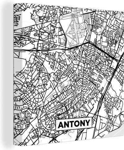 Canvas Schilderij Plattegrond - Antony - Kaart - Frankrijk - Stadskaart - Zwart wit - 20x20 cm - Wanddecoratie