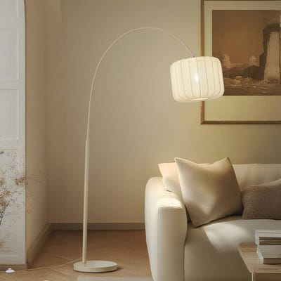 Lindby booglamp Helin, beige, textiel, hoogte 198,5 cm