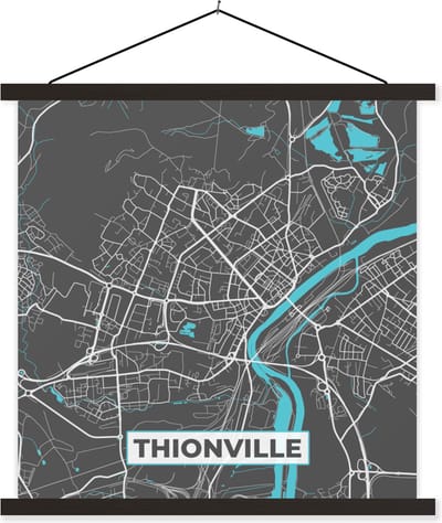 Posterhanger incl. Poster 60x60 cm - Schoolplaat - Frankrijk - Plattegrond - Kaart - Stadskaart - Thionville - Textielposter - Zwarte latten - Stadskaart