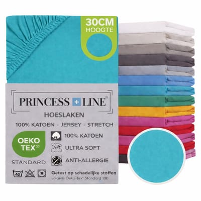 Princess Line- Comfortabel Ultra-Soft-Hoeslaken -100% katoen-Jersey -Stretch -Strijkvrij- Rondom elastiek-Hoekhoogte tot 30cm Eenpersoons -80x200-Turquoise