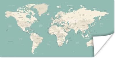 Wereldkaart Muur - Wereldkaart - Blauw - Atlas - 40x20 cm - Poster