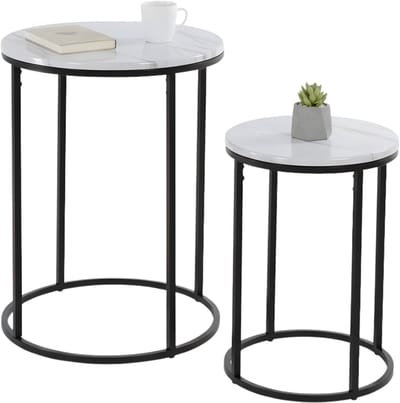 Lomera Bijzettafels Set van 2 - Marmerlook Wit - Metalen Frame - MDF Tafelblad - Ronde Bijzettafels - Woonkamer Tafel - Wit Marmer Finish - Moderne Bijzettafels - Stijlvolle Tafels - Compacte Bijzettafels - Trendy Design