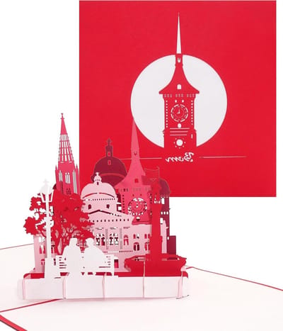 Pop-upkaart Bern - 3D Wenskaart Souvenir - Reisvoucher Cadeau - Berner Münster Skyline - 15 x 15 cm - Rood