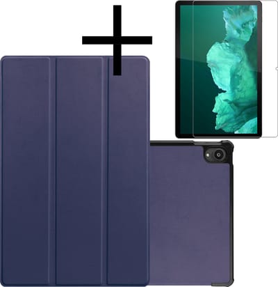Hoes - Geschikt voor Lenovo Tab P11 - Met Screenprotector - Trifold Bookcase - Hard Cover - Hardcover Book Case - Tablet Hoesje - Donkerblauw