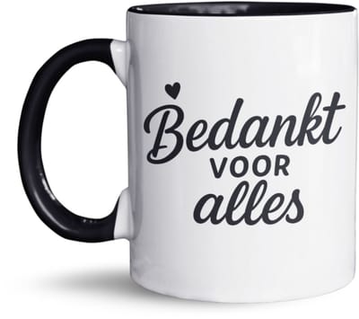 NietMokken.nl - Bedankbeker – Bedankt voor alles (zwart-wit) – Klassieke bedankmok – Cadeau voor juf, collega of zorgheld – 325ml keramiek – Aan beide zijden bedrukt – Tijdloos design