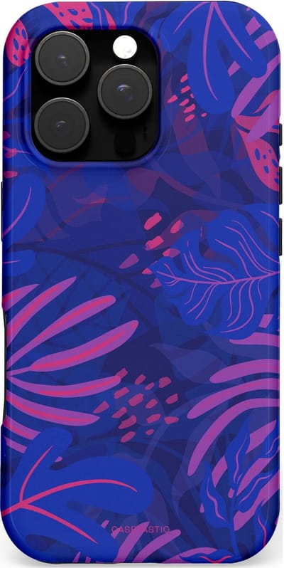 Casetastic hoesje geschikt voor Apple iPhone 16 Pro - MagSafe - Dubbellaagse bescherming - Neon jungle blad - Fashion Case - Donkerblauw Lavendel Roze