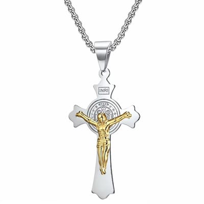 Fako Bijoux - Cubaans Kruis Jesus Voor Mannen - HD Ketting Met Kruis - Heren Ketting - Holy Cross Duo - 28x52mm - 60cm - 2.5mm - Stainless Steel - RVS - Staal - Zilverkleurig
