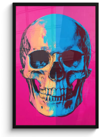 Poster in lijst - Fotolijst 60x90 cm - Posters - Neon - Blauw - Pop-art - Schedel - Posterlijst zwart - Decoratie - Wanddecoratie woonkamer - Muurdecoratie slaapkamer